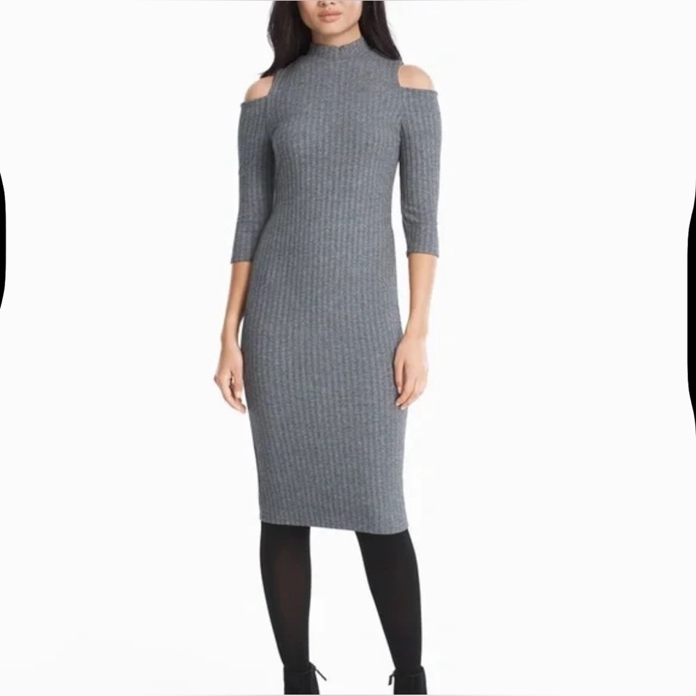 White House Black Market Gray Ribbed Knit Cold Shoulder Dress Size Large NEW